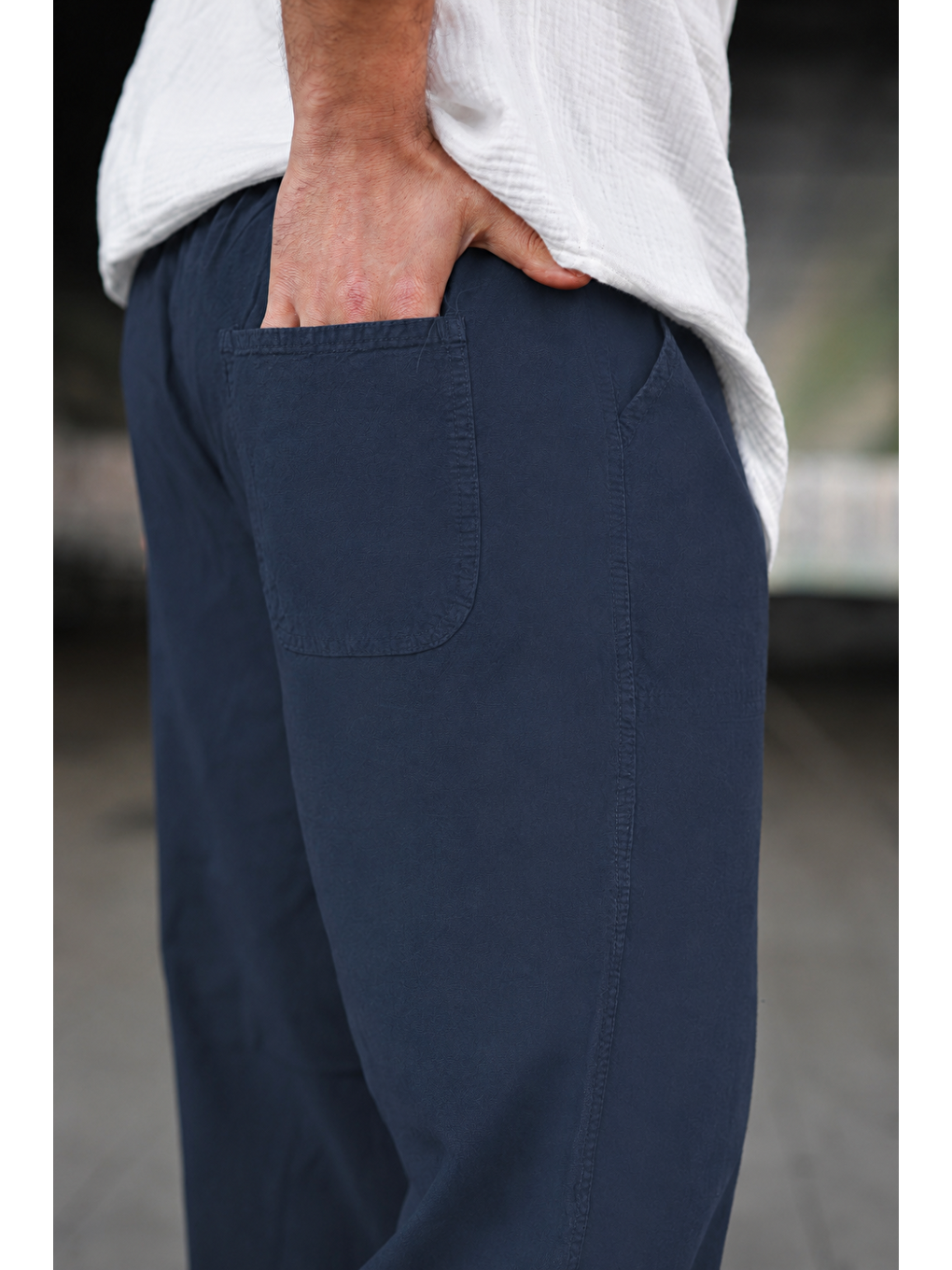 Erkek Trend Basic Bol Paça Lacivert Baggy Keten Pantolon-2