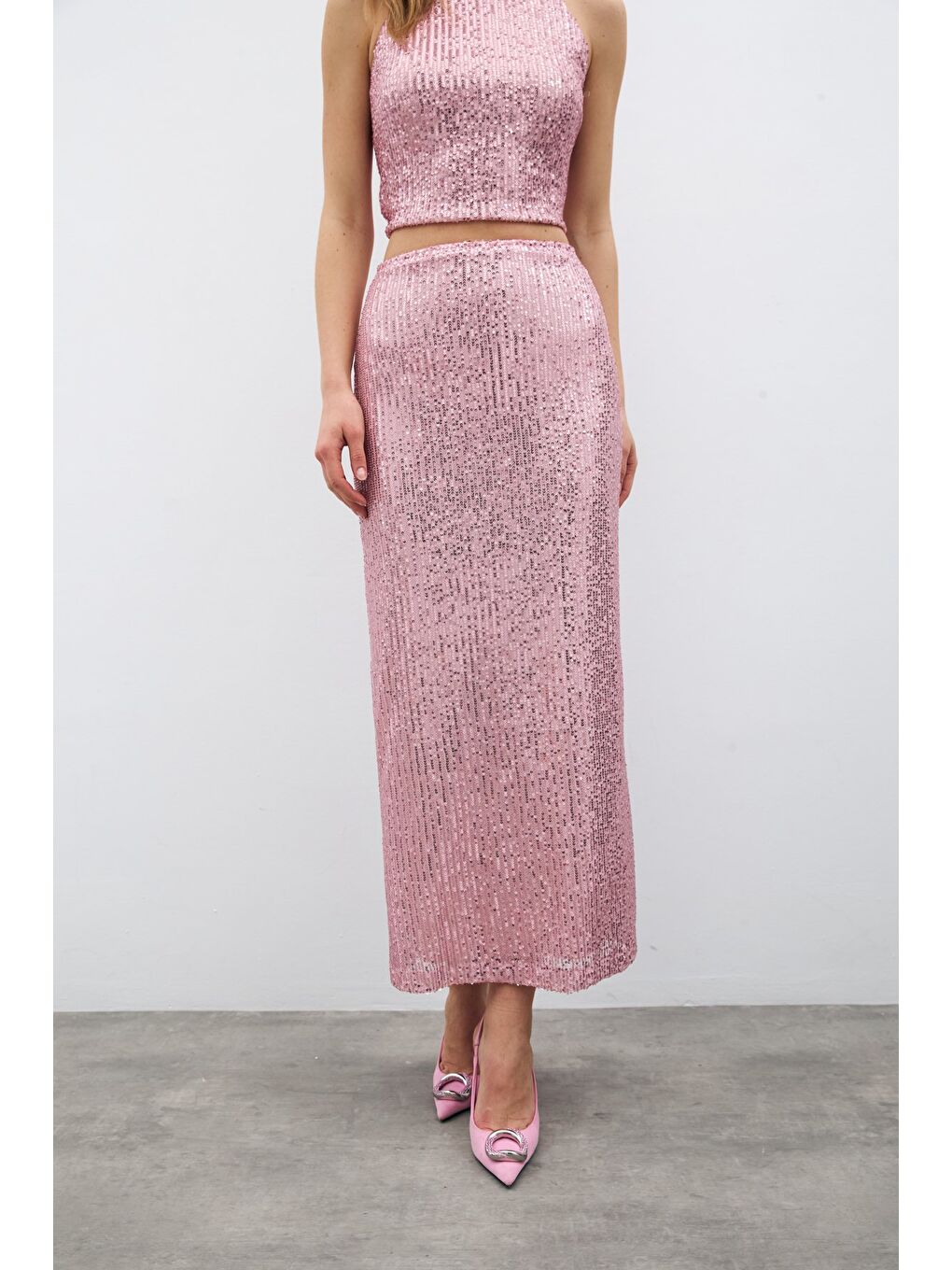 Pembe Fermuarlı Karolin Midi Etek - Pudra-5