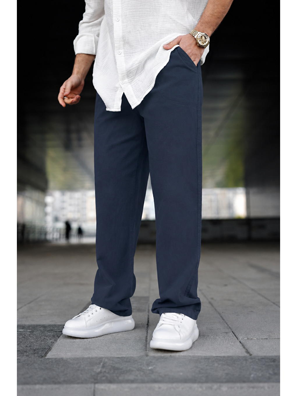 Erkek Trend Basic Bol Paça Lacivert Baggy Keten Pantolon-3