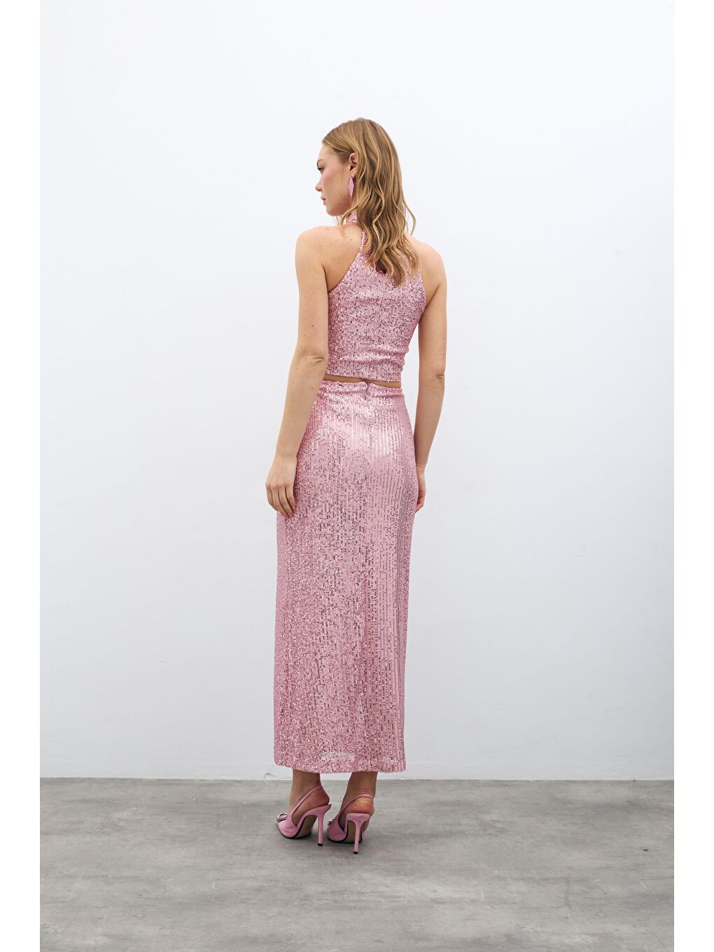 Pembe Fermuarlı Karolin Midi Etek - Pudra-6