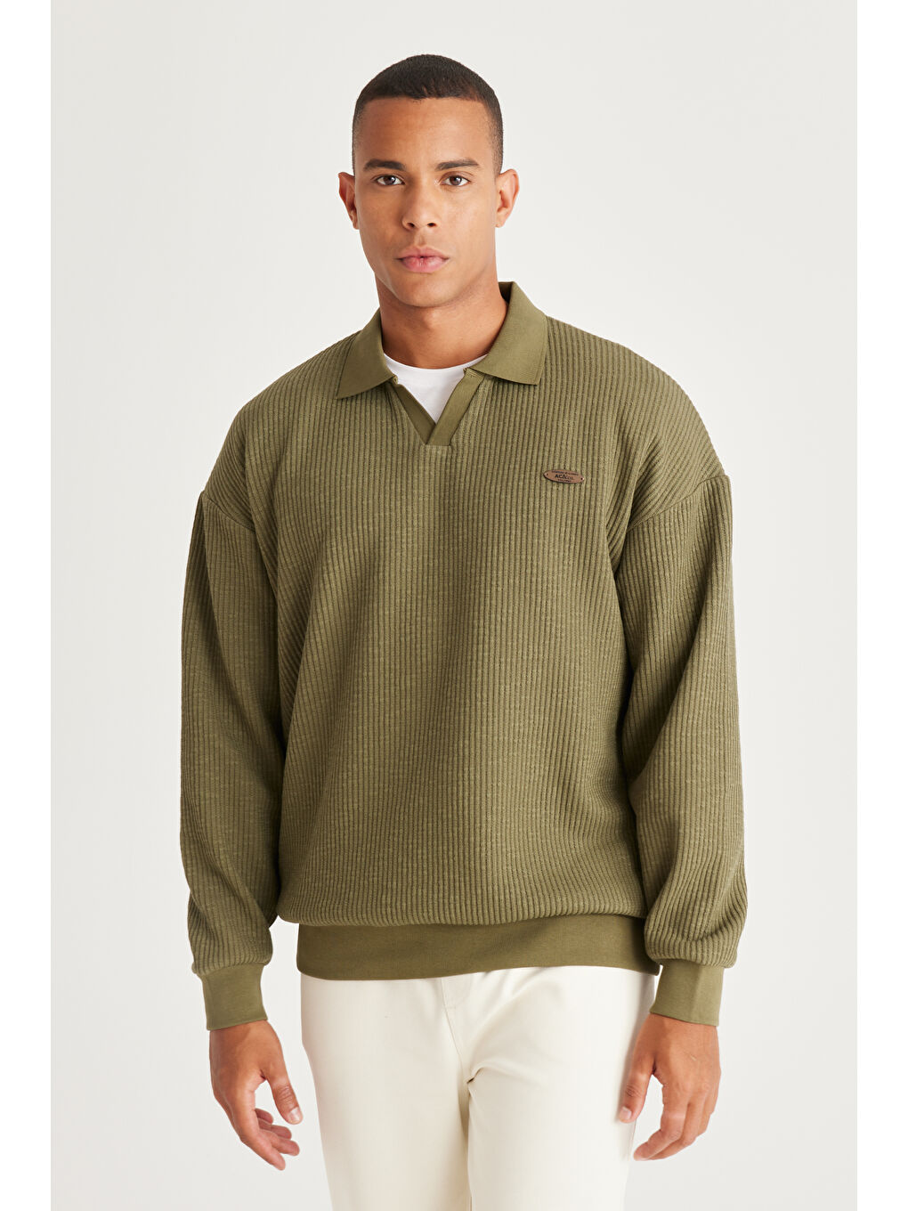 Erkek Haki Loose Fit Polo Yaka Jakarlı Sweatshirt