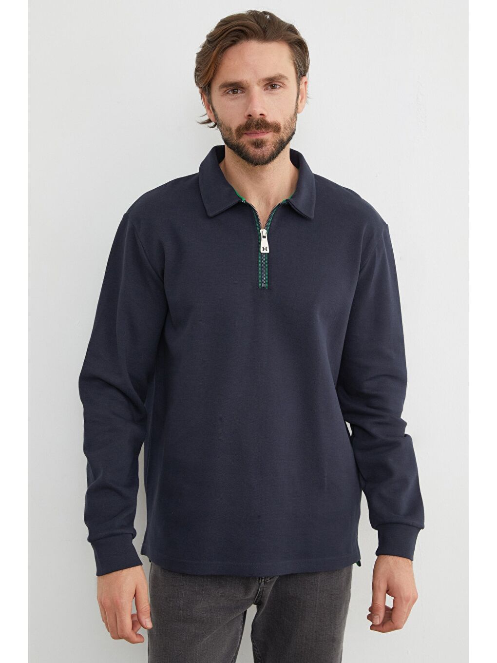 Lacivert Basic Polo Yaka Yarım Fermuarlı Pike Büyük Beden Sweatshirt-1