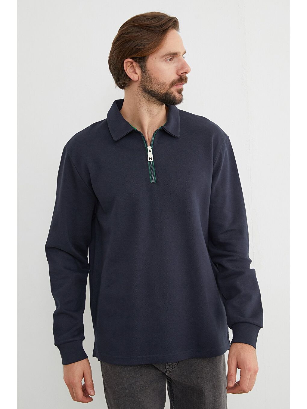 Lacivert Basic Polo Yaka Yarım Fermuarlı Pike Büyük Beden Sweatshirt-2