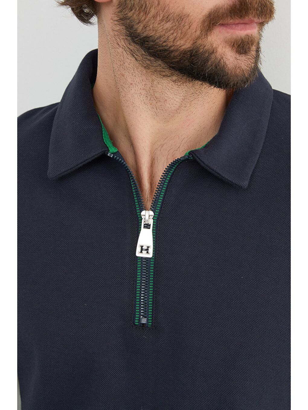 Lacivert Basic Polo Yaka Yarım Fermuarlı Pike Büyük Beden Sweatshirt-3