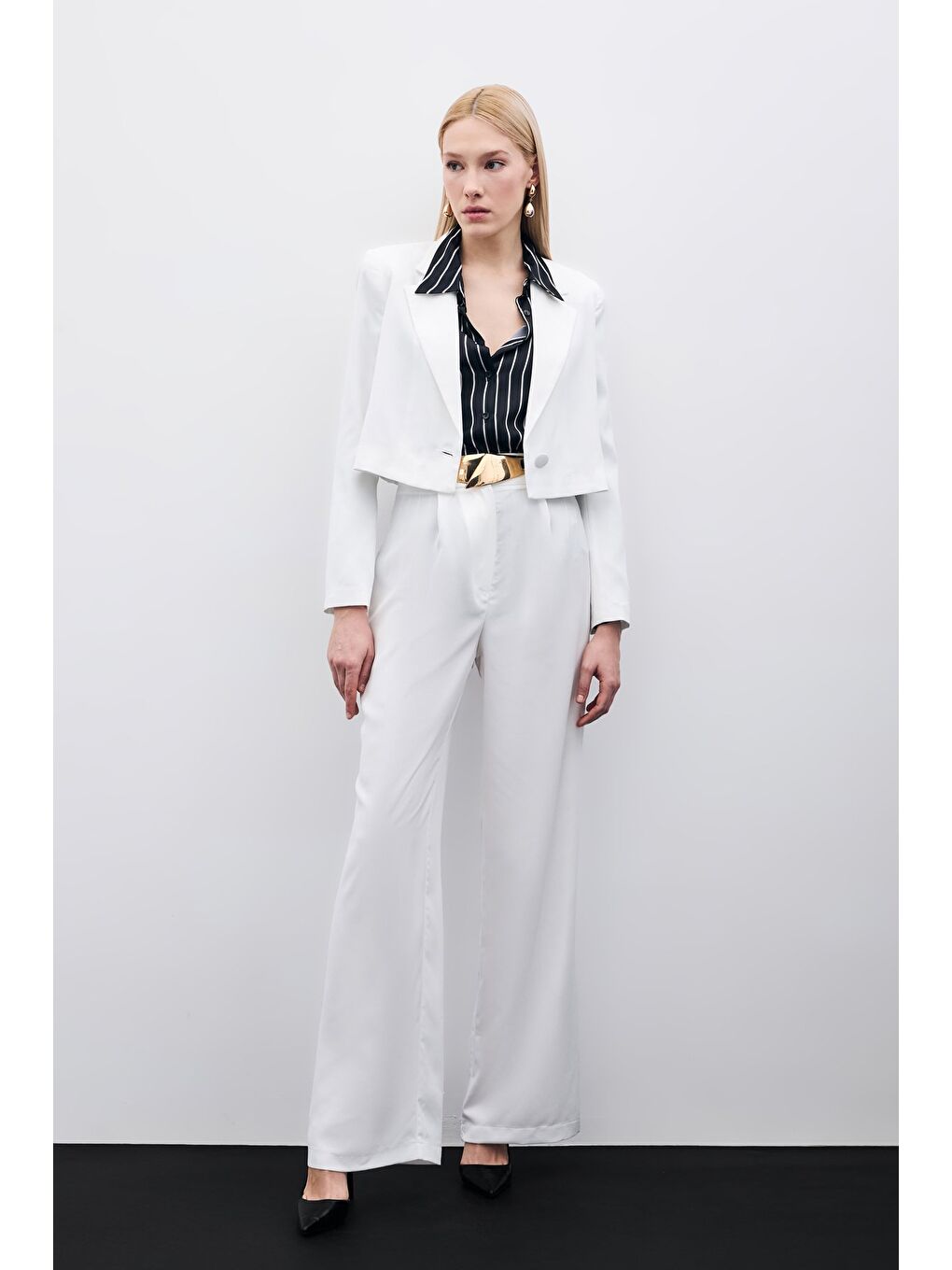 Pileli Krep Pantolon - Ekru