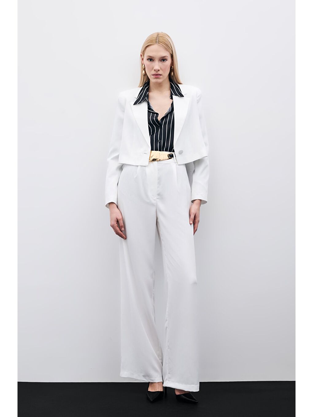 Pileli Krep Pantolon - Ekru-1