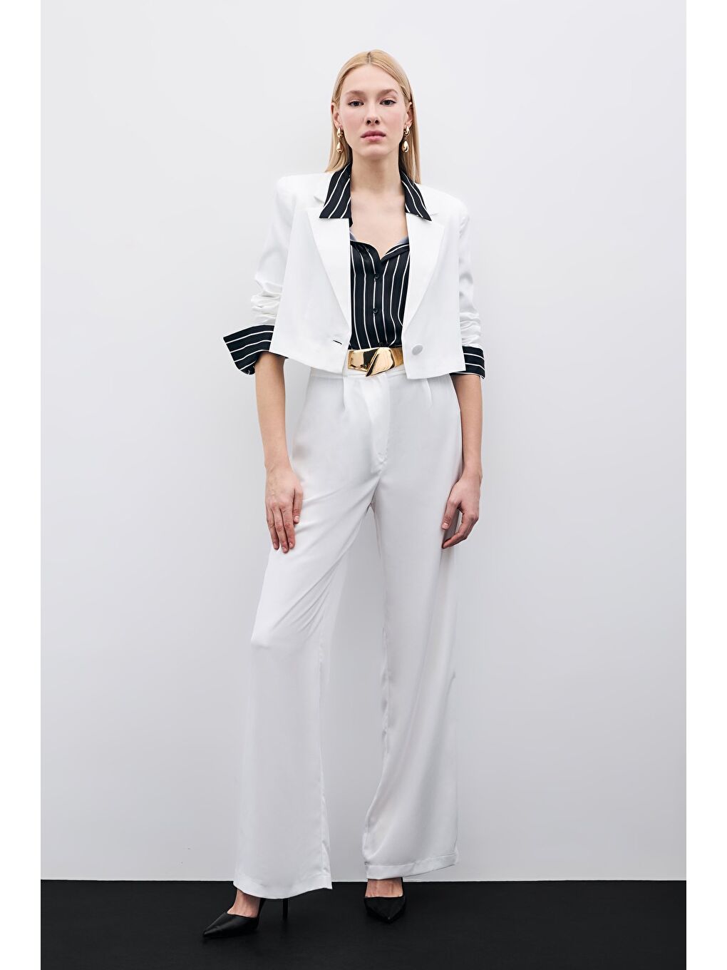 Pileli Krep Pantolon - Ekru-2