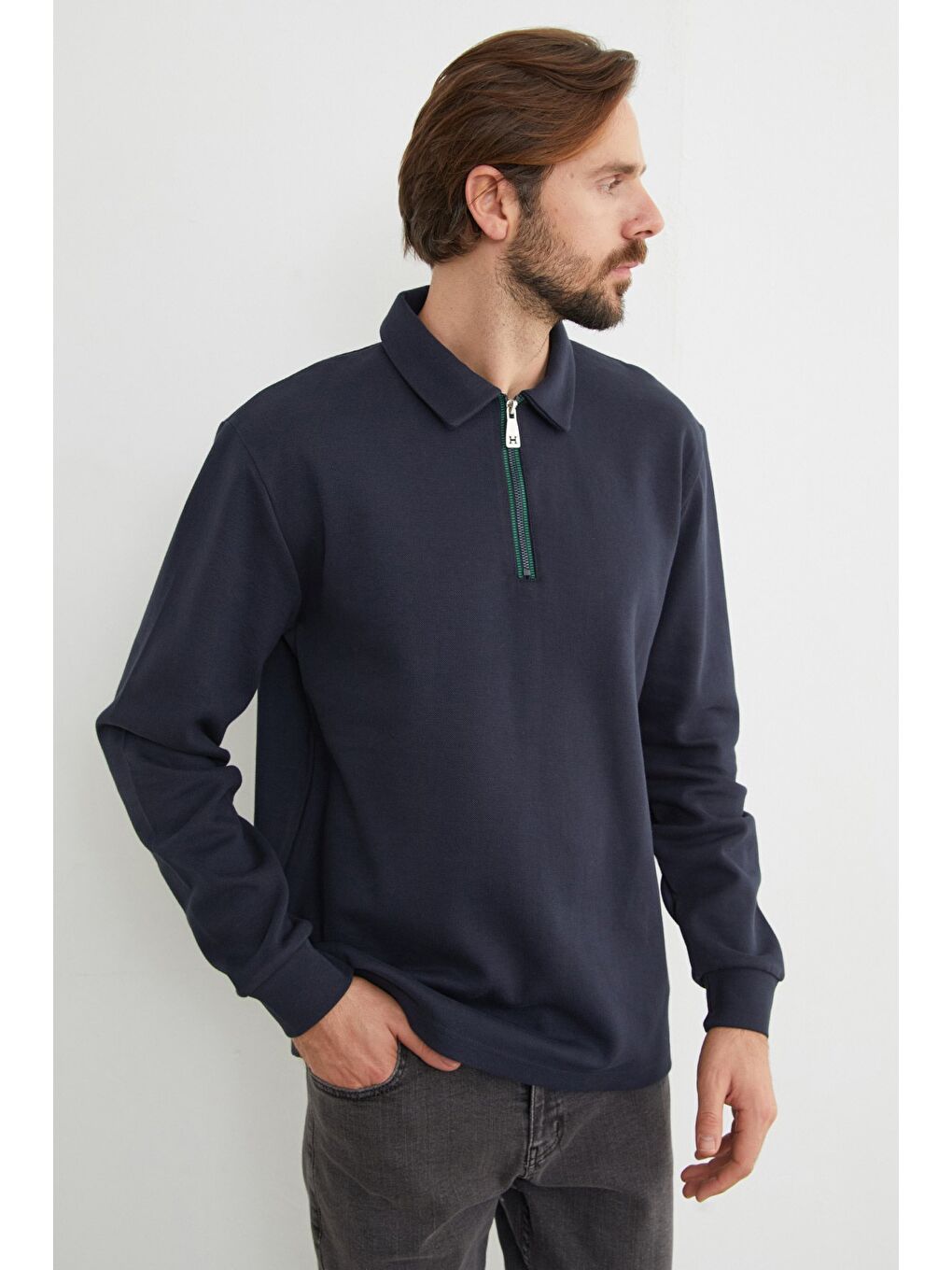 Lacivert Basic Polo Yaka Yarım Fermuarlı Pike Büyük Beden Sweatshirt-4