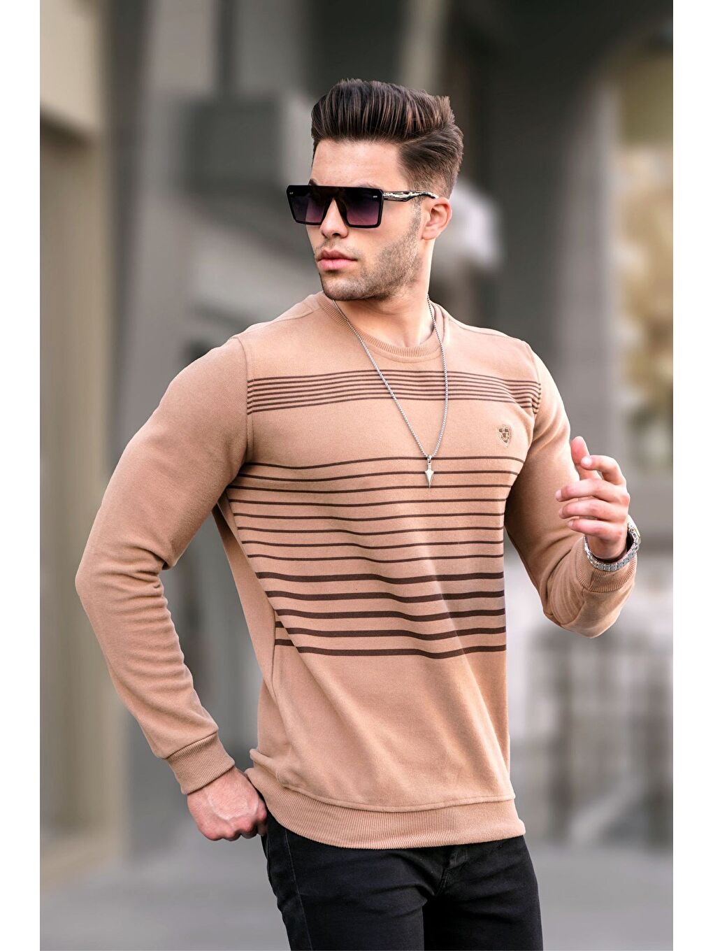 Kahverengi Bisküvi Çizgili Bisiklet Yaka Triko Kazak 5961