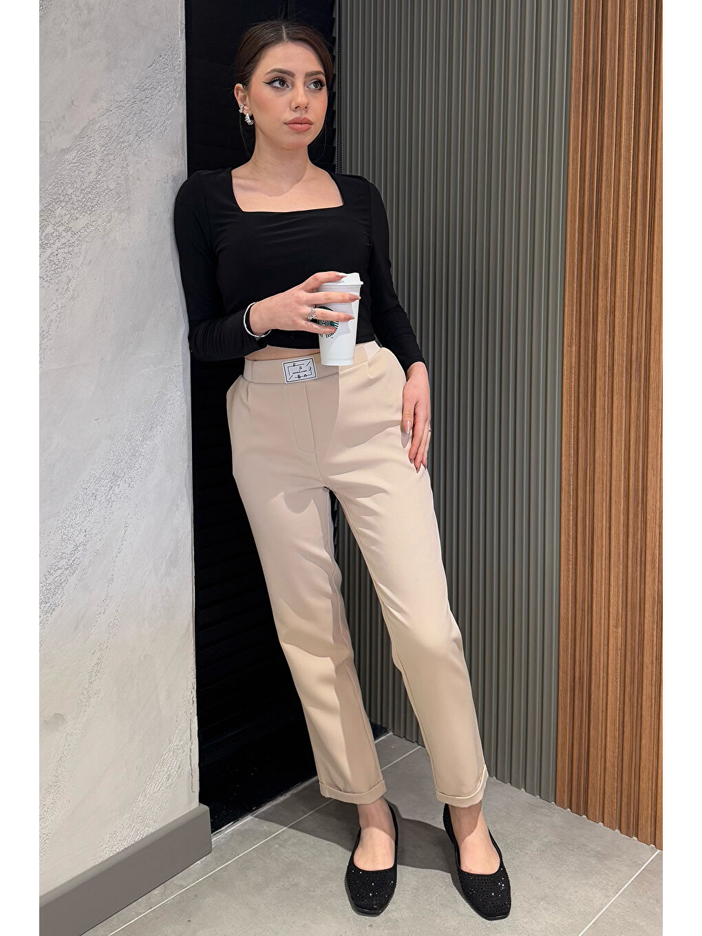 Bej Büyük Beden Bel Lastikli Duble Paça Kadın Pantolon-1