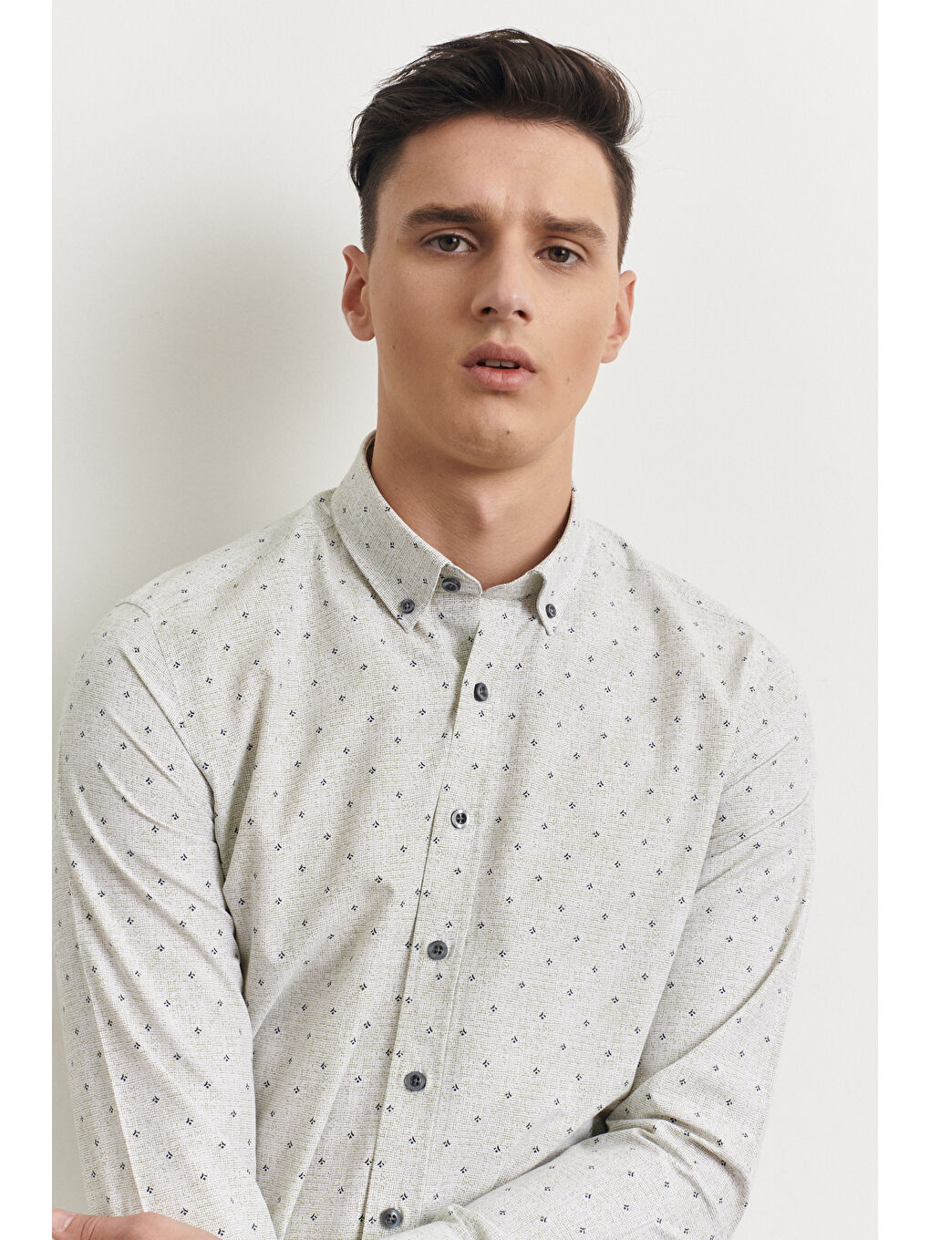 Erkek Yeşil Slim Fit Dar Kesim Düğmeli Yaka Baskılı Gömlek-2