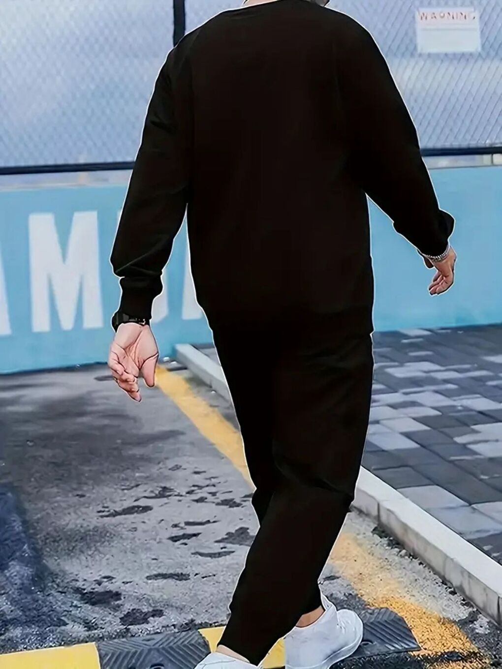 Erkek Siyah Çita Baskılı Bisiklet Yaka Alt Üst Eşofman Takımı-1