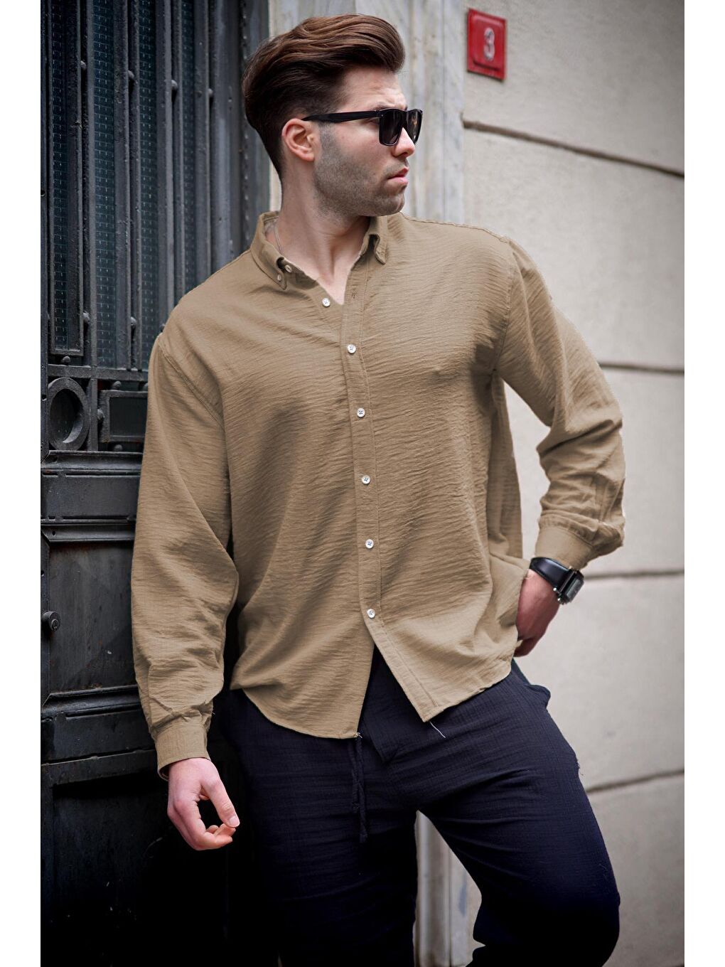 Kahverengi Camel Uzun Kollu Oversize Erkek %100 Pamuk Gömlek 6735