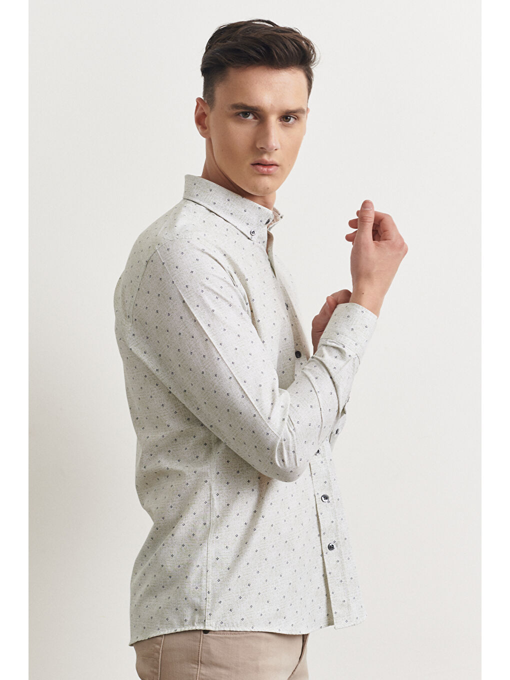 Erkek Yeşil Slim Fit Dar Kesim Düğmeli Yaka Baskılı Gömlek-5