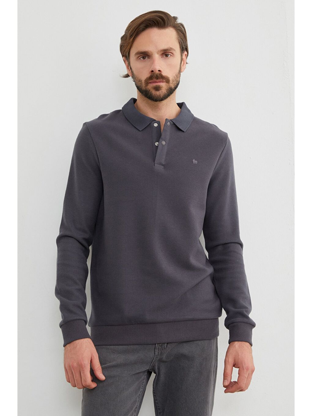 Gri Fitilli Polo Yaka Düğmeli Büyük Beden Sweatshirt