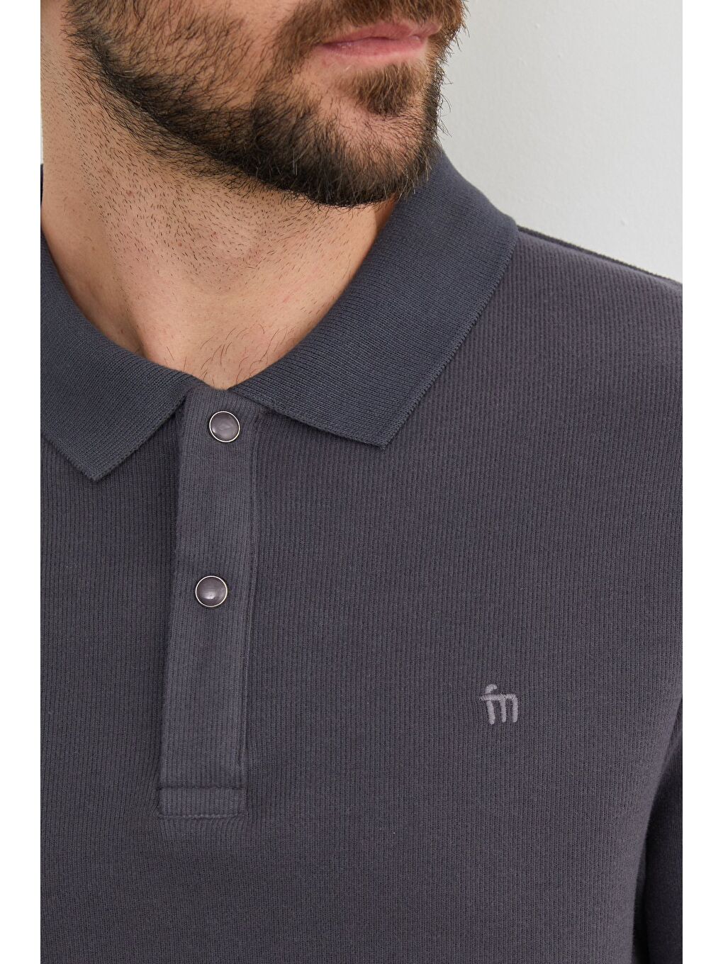 Gri Fitilli Polo Yaka Düğmeli Büyük Beden Sweatshirt-1