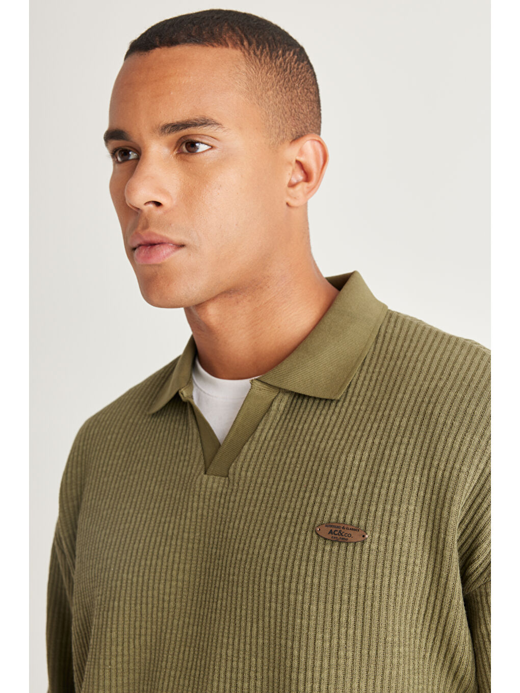 Erkek Haki Loose Fit Polo Yaka Jakarlı Sweatshirt-2