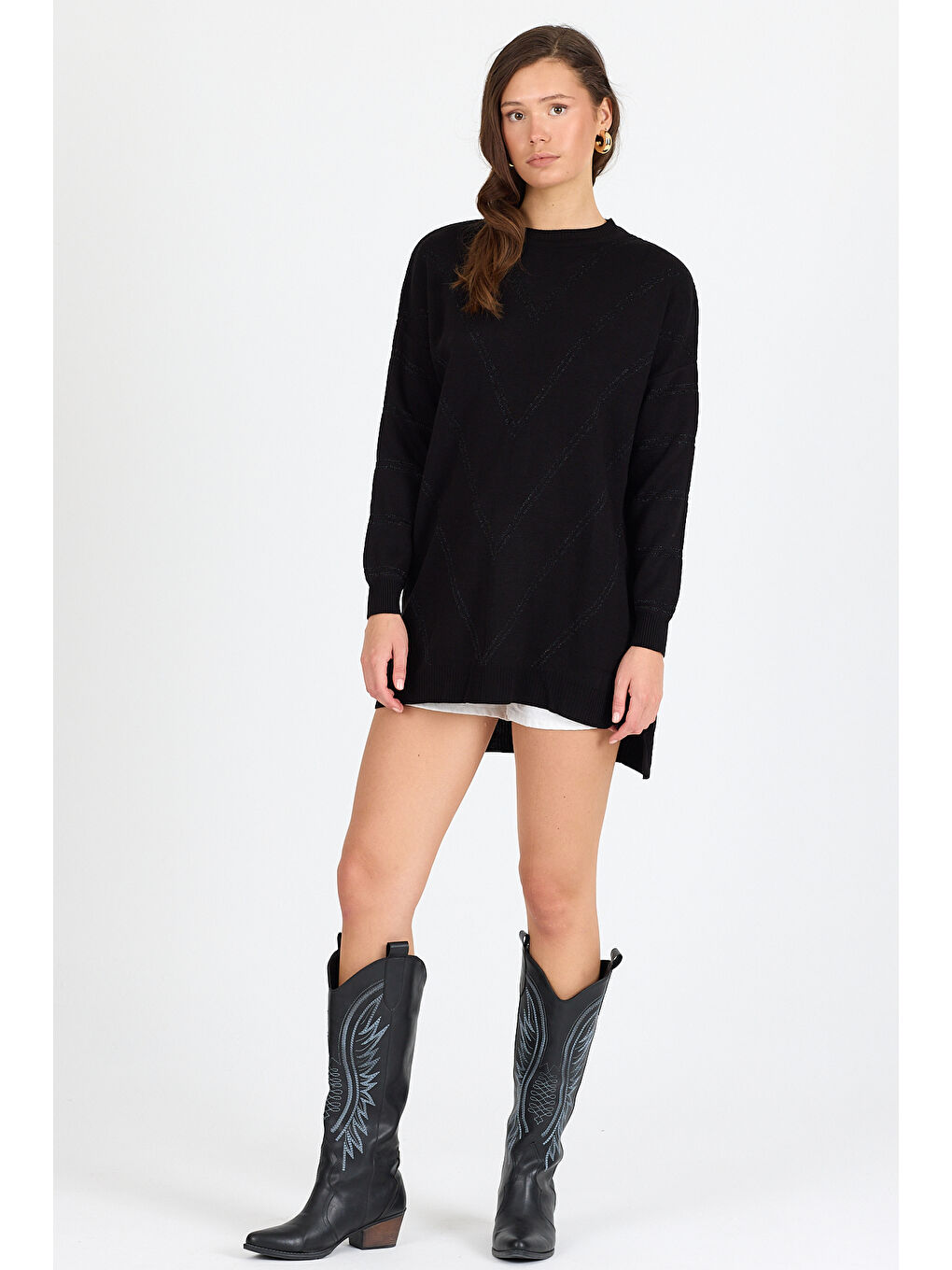 Siyah Kadın Sim Garnili Bisiklet Yaka Triko Bluz 21014 (Standart Beden s-m-l-xl Beden Uyumludur)