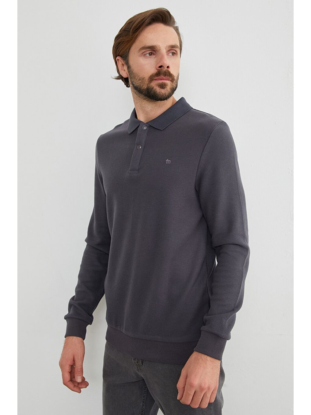 Gri Fitilli Polo Yaka Düğmeli Büyük Beden Sweatshirt-4