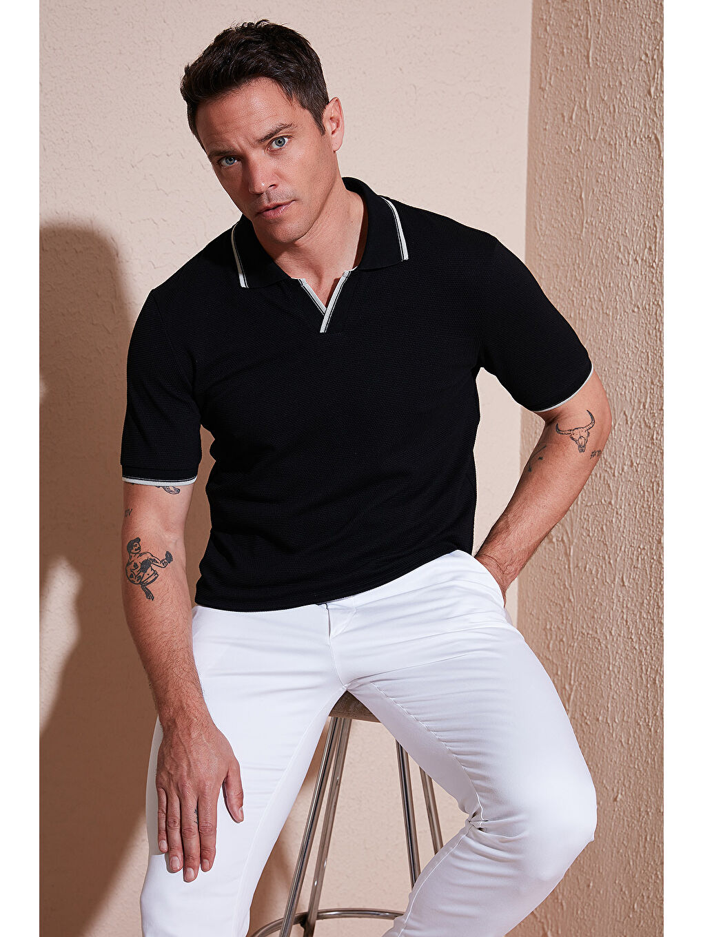 Siyah Streç Pamuklu Regular Fit Şerit Detaylı Polo Yaka Tişört 5902768