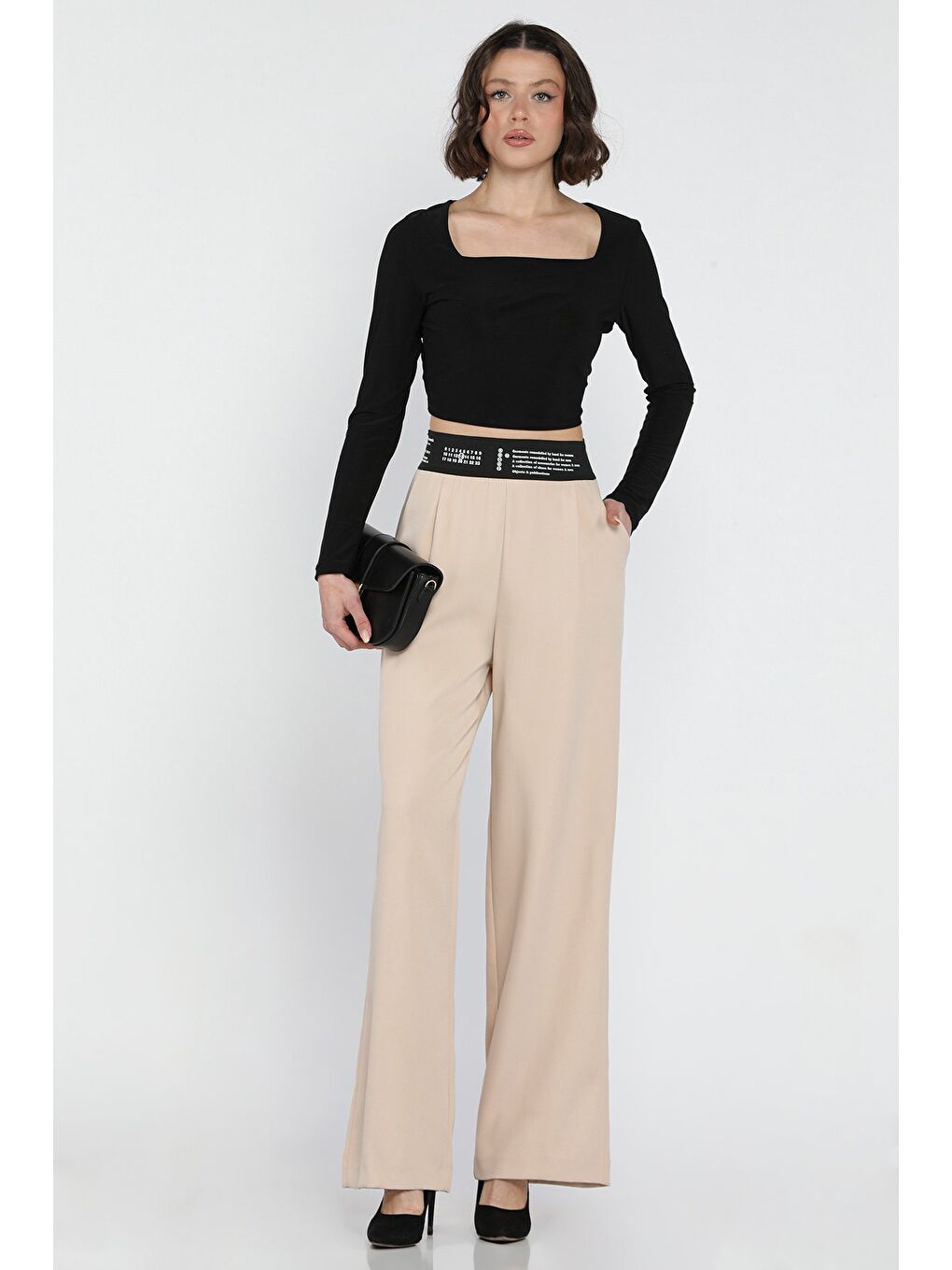 Bej Bel Lastikli Yazı Baskılı Yüksek Bel Kadın Palazzo Pantolon