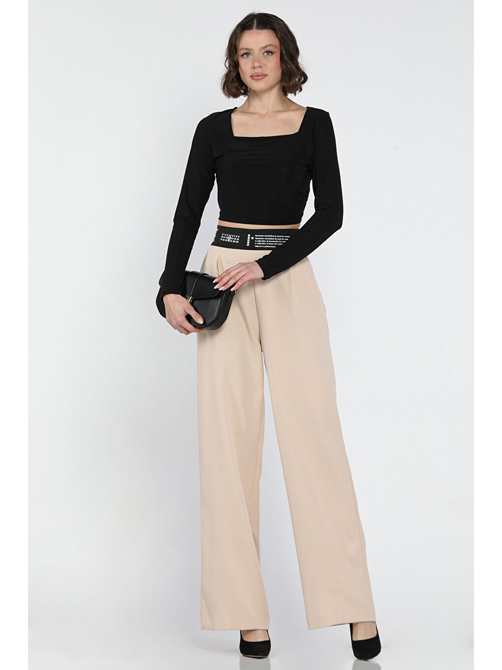 Bej Bel Lastikli Yazı Baskılı Yüksek Bel Kadın Palazzo Pantolon-1