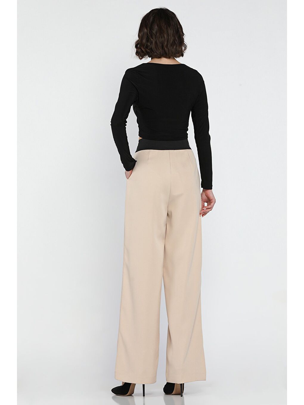 Bej Bel Lastikli Yazı Baskılı Yüksek Bel Kadın Palazzo Pantolon-2