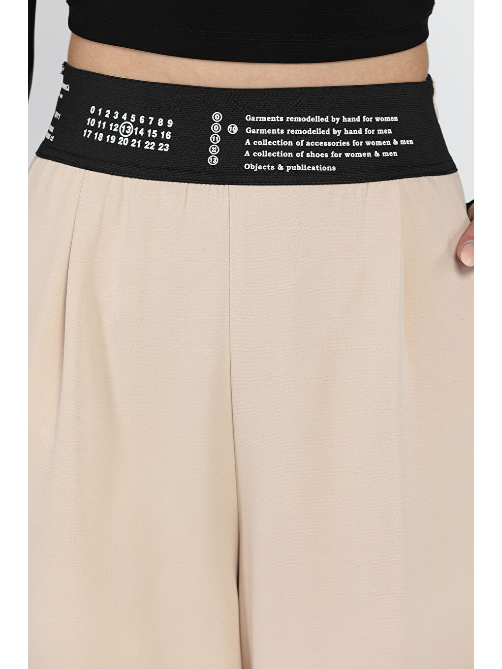 Bej Bel Lastikli Yazı Baskılı Yüksek Bel Kadın Palazzo Pantolon-3