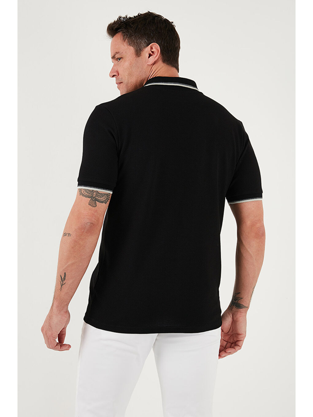 Siyah Streç Pamuklu Regular Fit Şerit Detaylı Polo Yaka Tişört 5902768-6