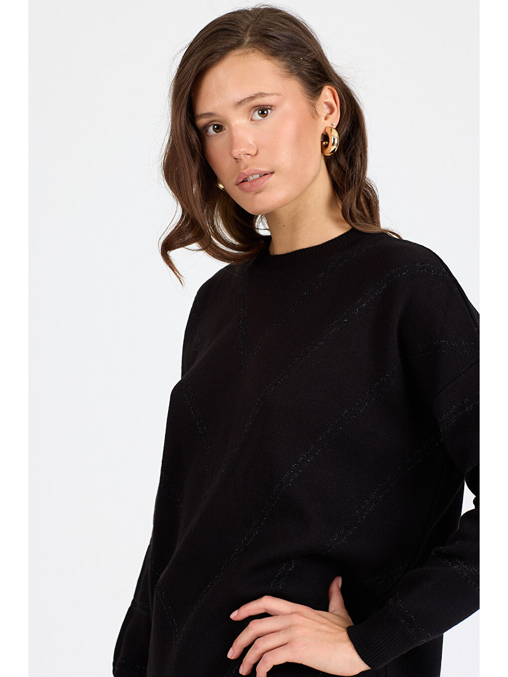 Siyah Kadın Sim Garnili Bisiklet Yaka Triko Bluz 21014 (Standart Beden s-m-l-xl Beden Uyumludur)-1