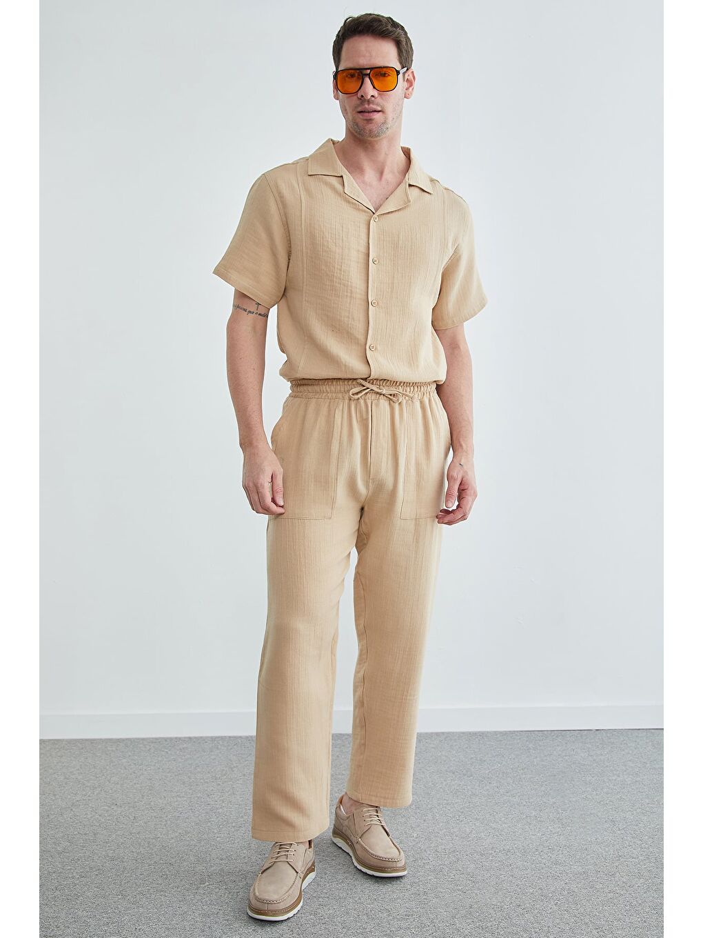 Bej Beli Lastikli Müslin Pantolon