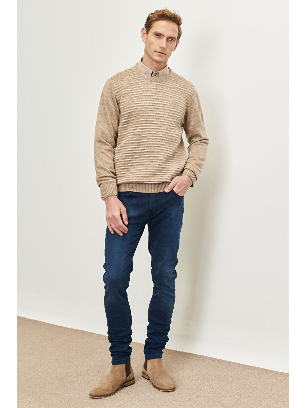 Sarı Erkek VIZON-KEMIK Standart Fit Normal Kesim Bisiklet Yaka Dokulu Desenli Triko Kazak-1