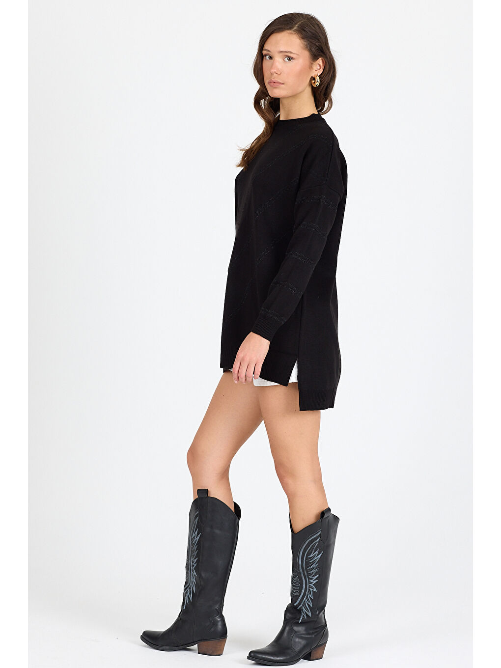 Siyah Kadın Sim Garnili Bisiklet Yaka Triko Bluz 21014 (Standart Beden s-m-l-xl Beden Uyumludur)-2