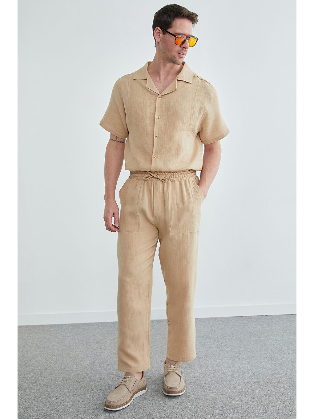 Bej Beli Lastikli Müslin Pantolon-1