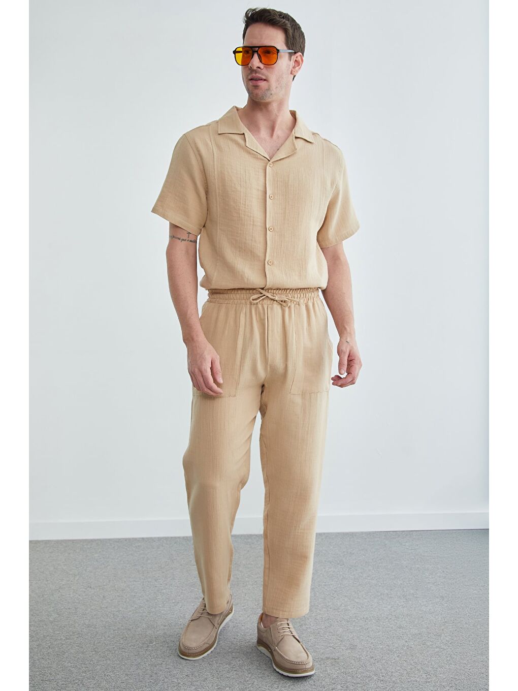 Bej Beli Lastikli Müslin Pantolon-2