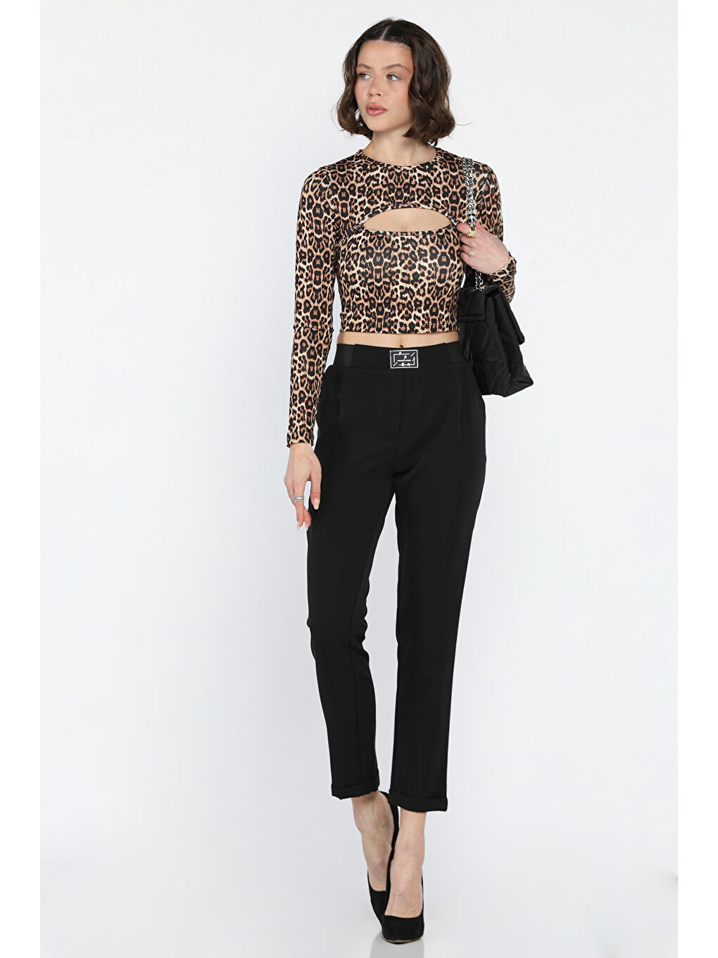 Siyah Büyük Beden Bel Lastikli Duble Paça Kadın Pantolon-1