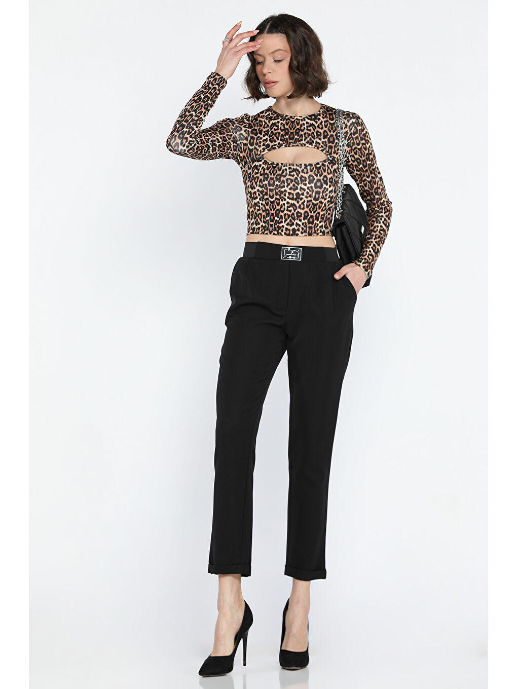 Siyah Büyük Beden Bel Lastikli Duble Paça Kadın Pantolon-2