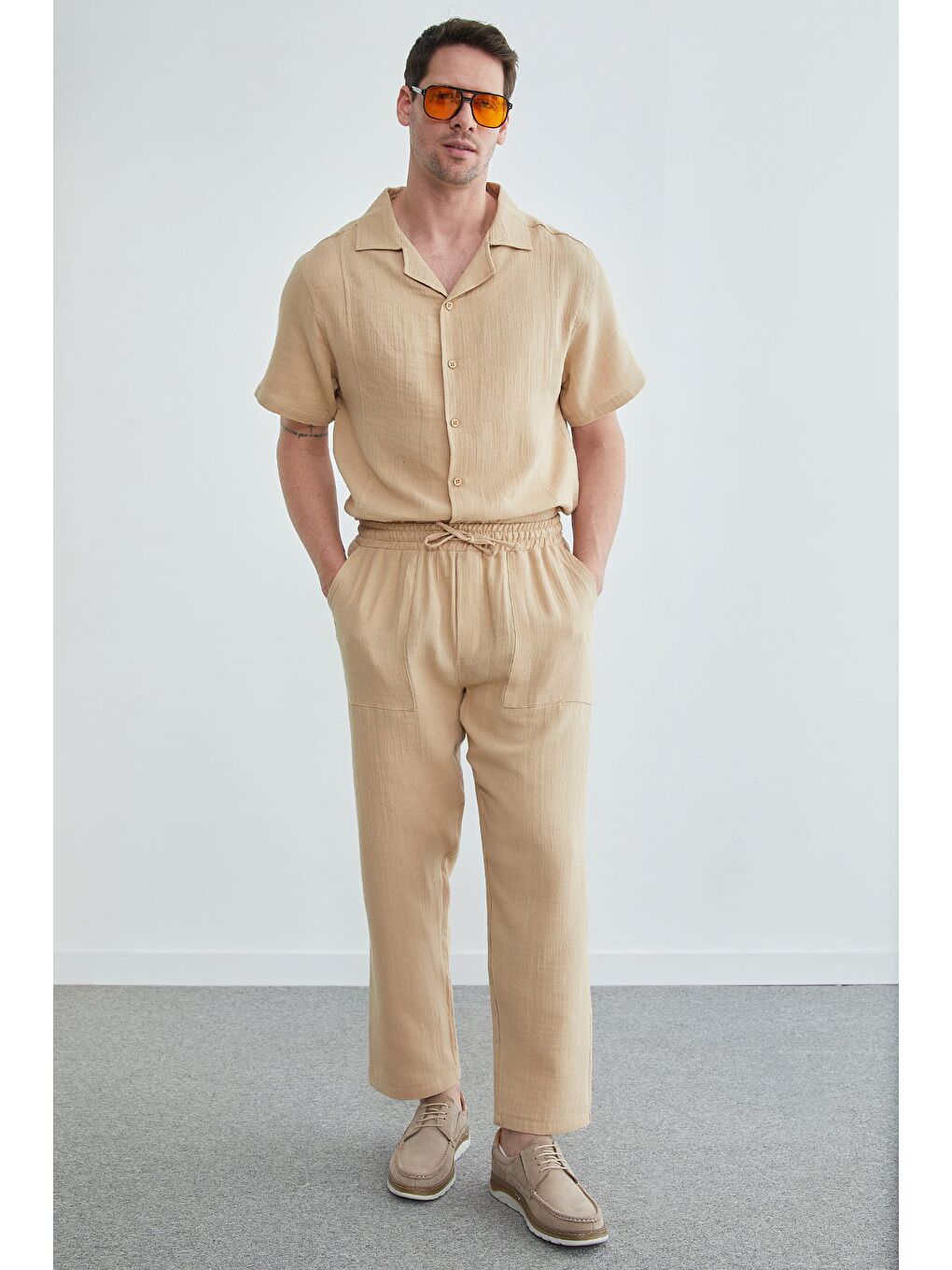 Bej Beli Lastikli Müslin Pantolon-3