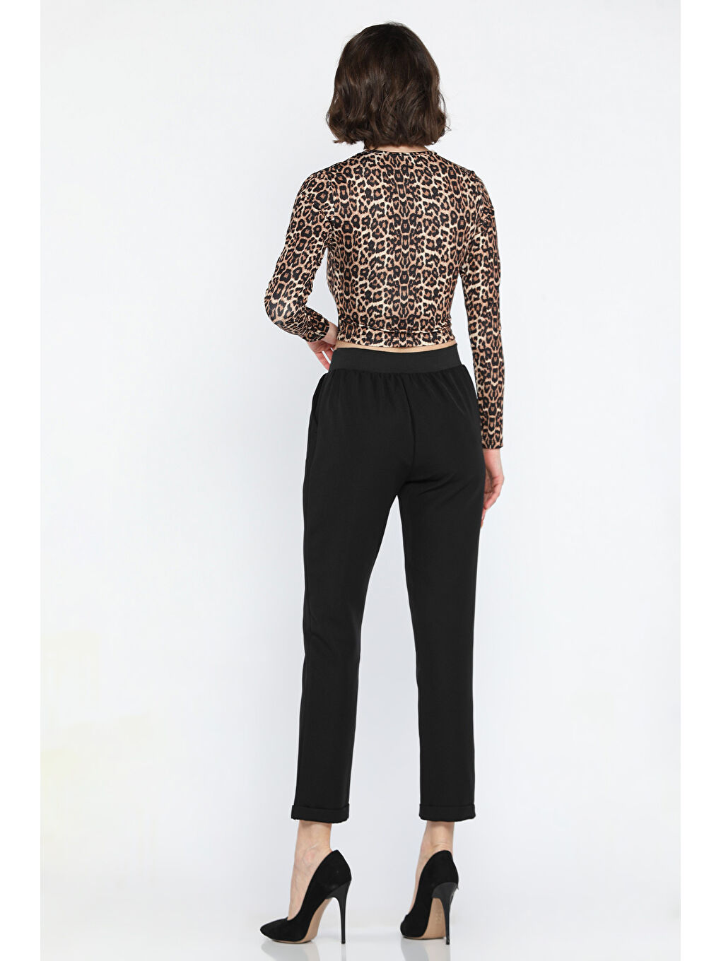 Siyah Büyük Beden Bel Lastikli Duble Paça Kadın Pantolon-3