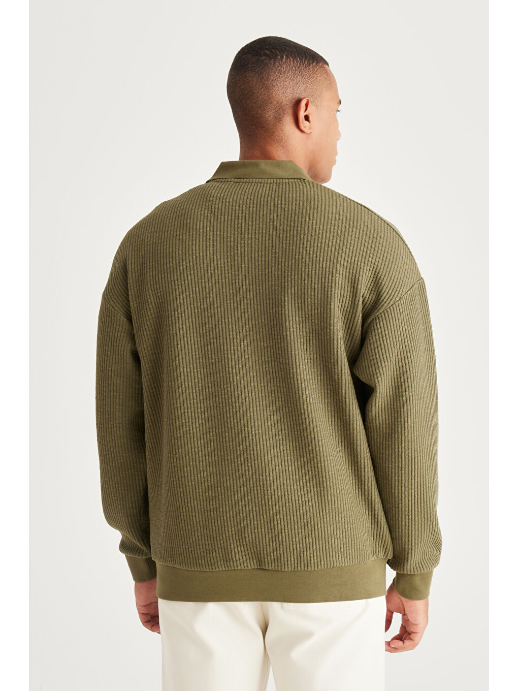 Erkek Haki Loose Fit Polo Yaka Jakarlı Sweatshirt-4