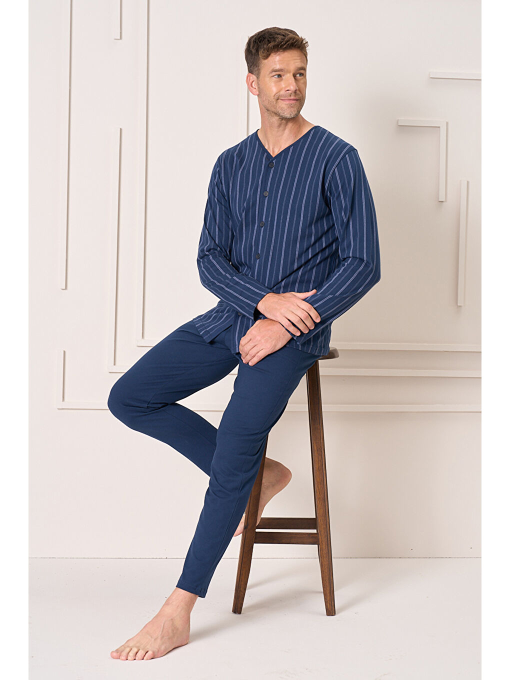 Büyük Beden Erkek Penye Uzun Kol Pijama Takımı 2144 Lacivert01-1