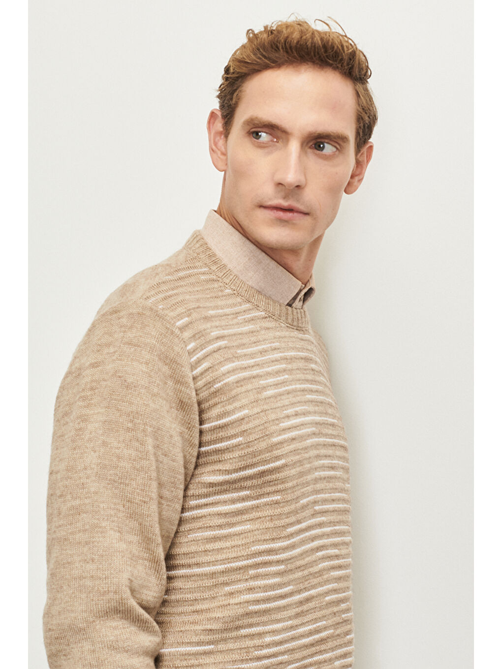 Sarı Erkek VIZON-KEMIK Standart Fit Normal Kesim Bisiklet Yaka Dokulu Desenli Triko Kazak-2