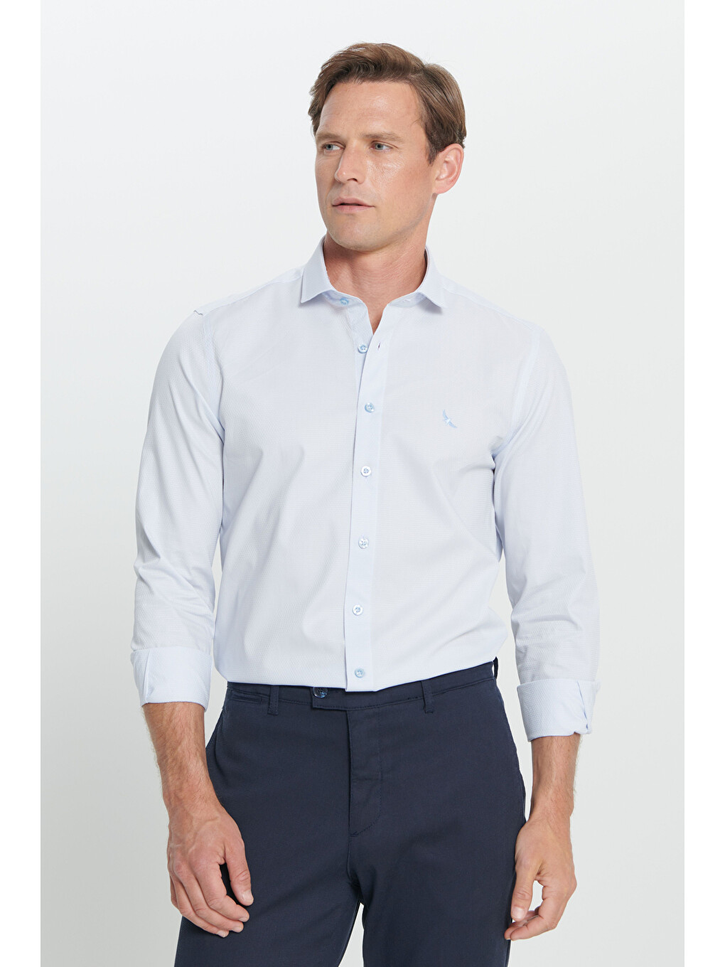 Erkek Açık Mavi Slim Fit Dar Kesim Küçük İtalyan Yaka Armürlü Gömlek-3