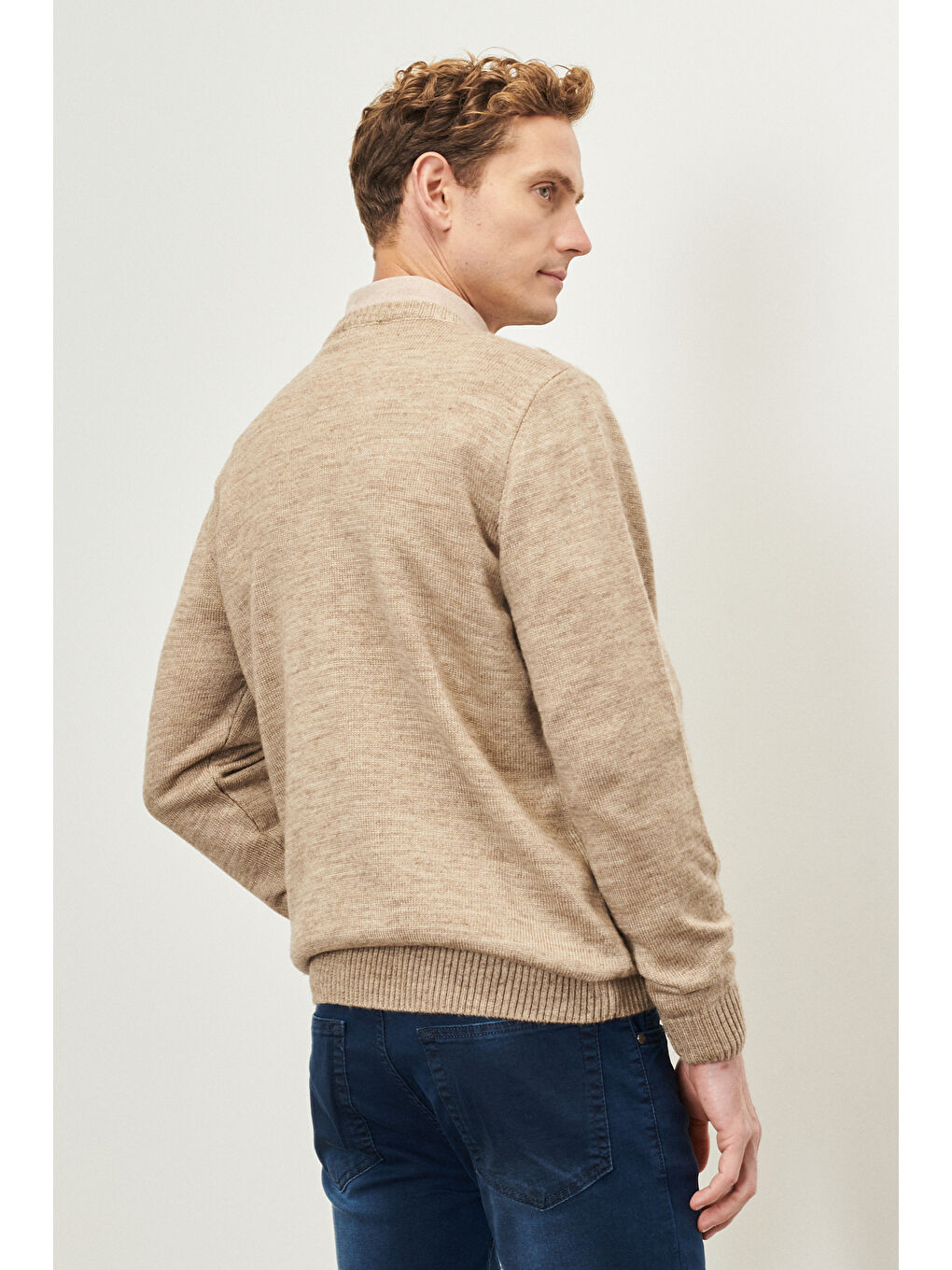 Sarı Erkek VIZON-KEMIK Standart Fit Normal Kesim Bisiklet Yaka Dokulu Desenli Triko Kazak-3