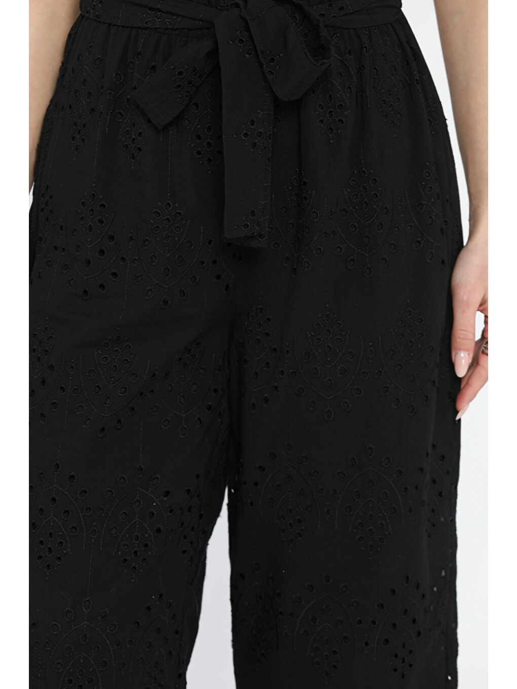 Siyah Kadın Yüksek Bel Fistolu Bel Lastikli Kuşaklı Pantolon-7