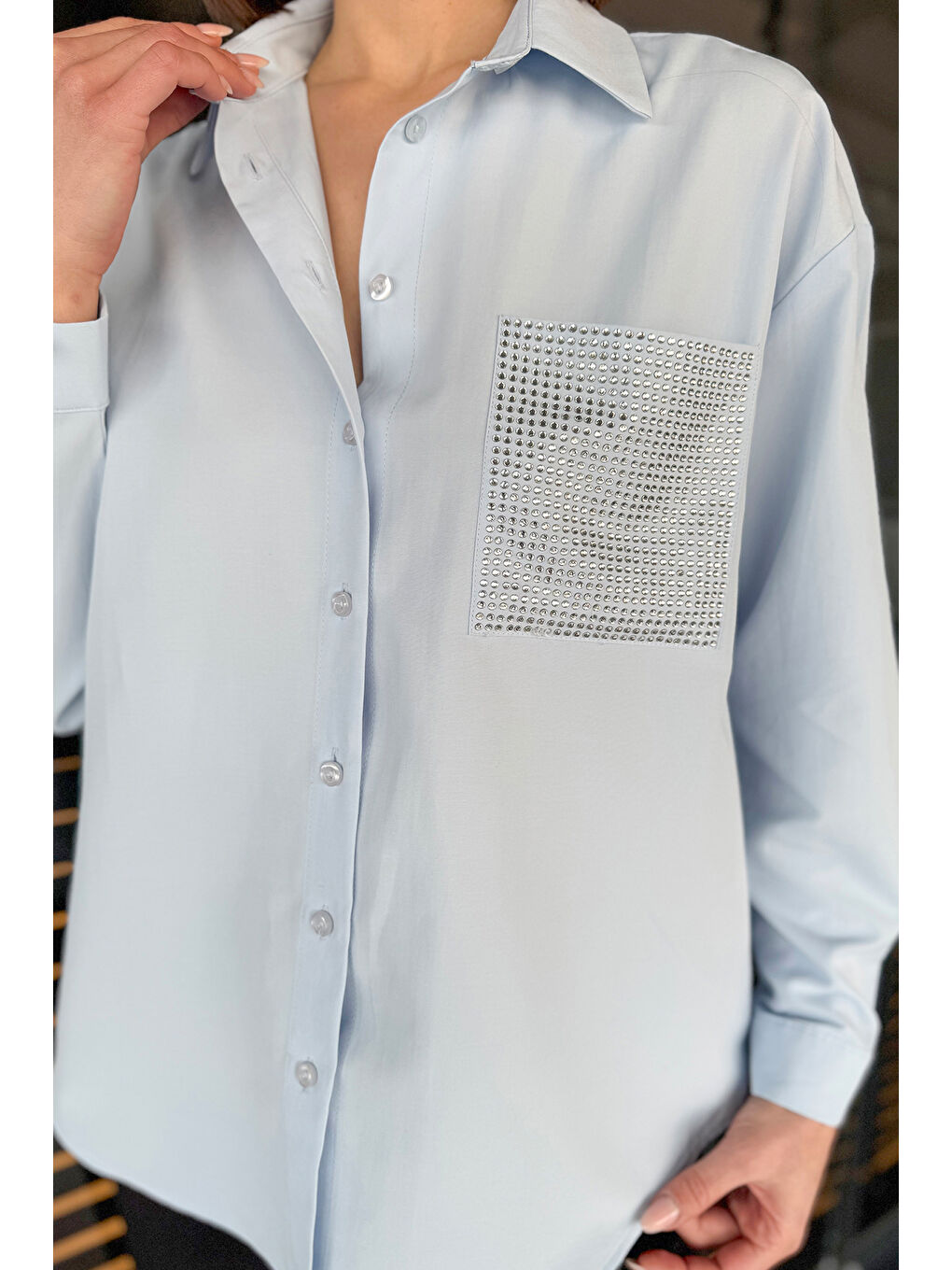 Mavi Taş İşlemeli Oversize Kadın Gömlek-2