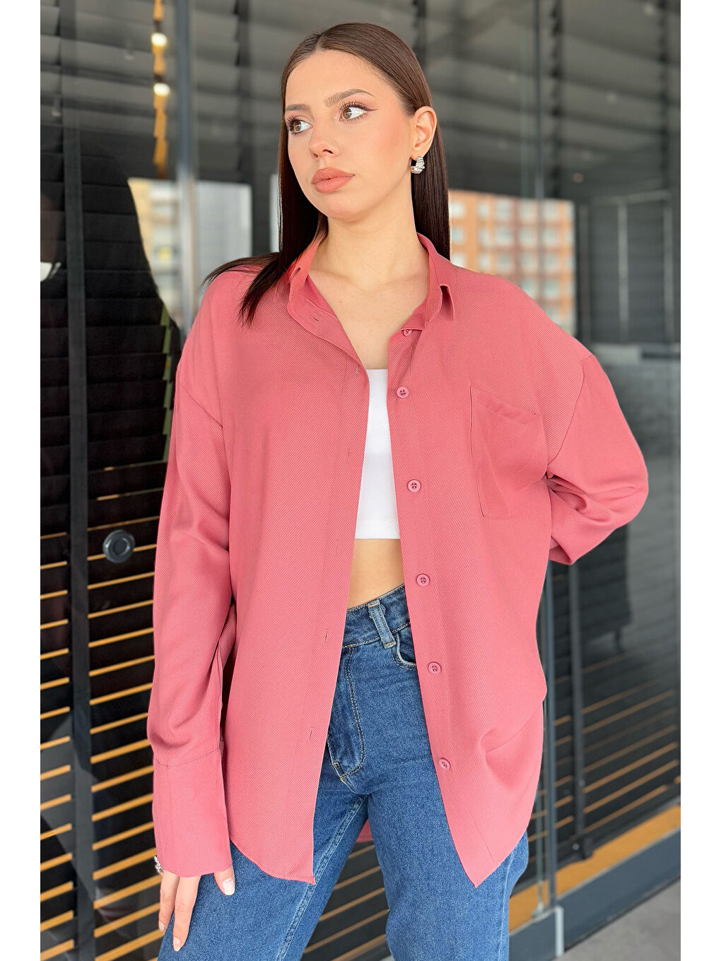 Pembe Kadın Tek Cepli Salaş Gömlek