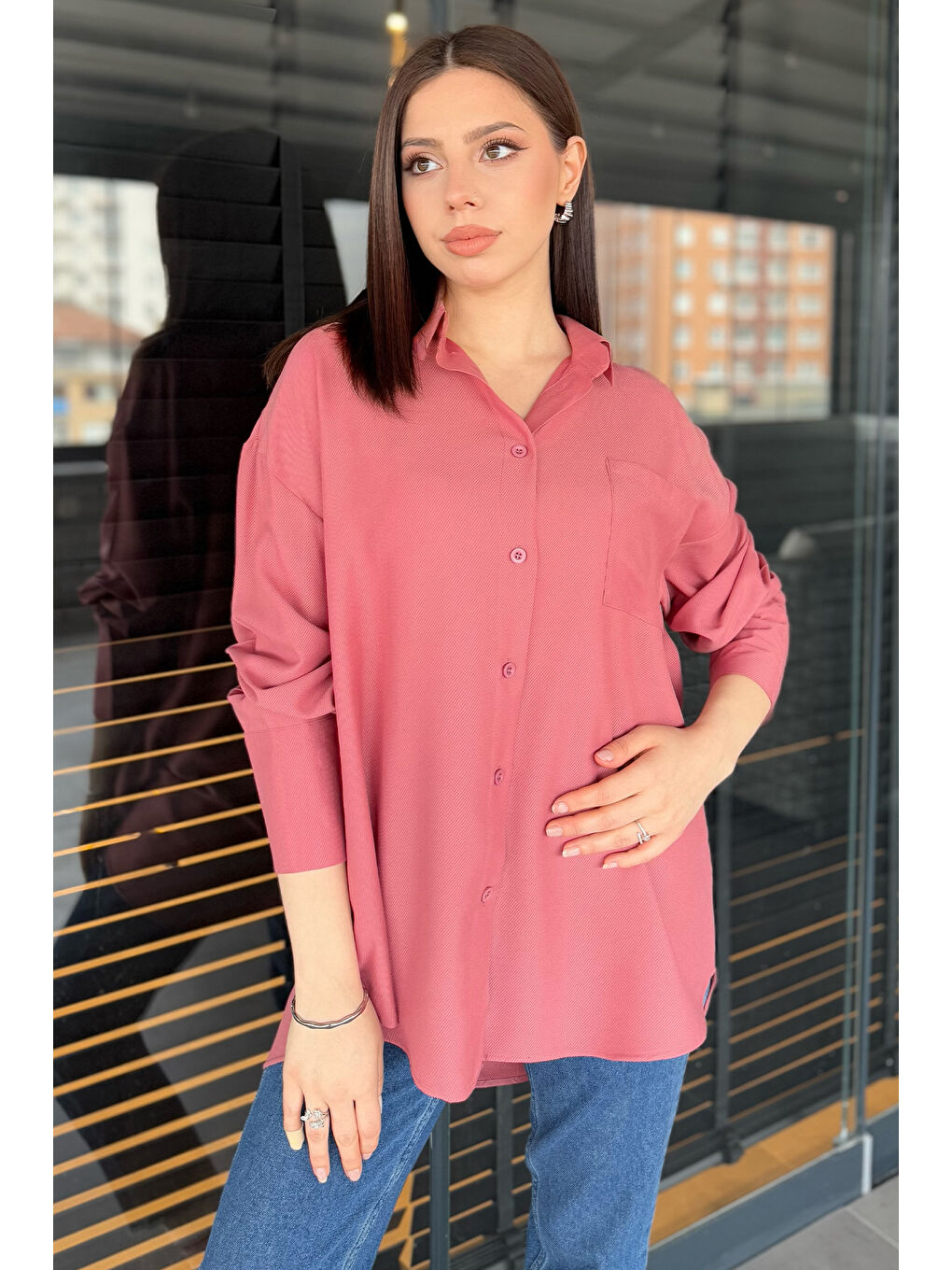 Pembe Kadın Tek Cepli Salaş Gömlek-1