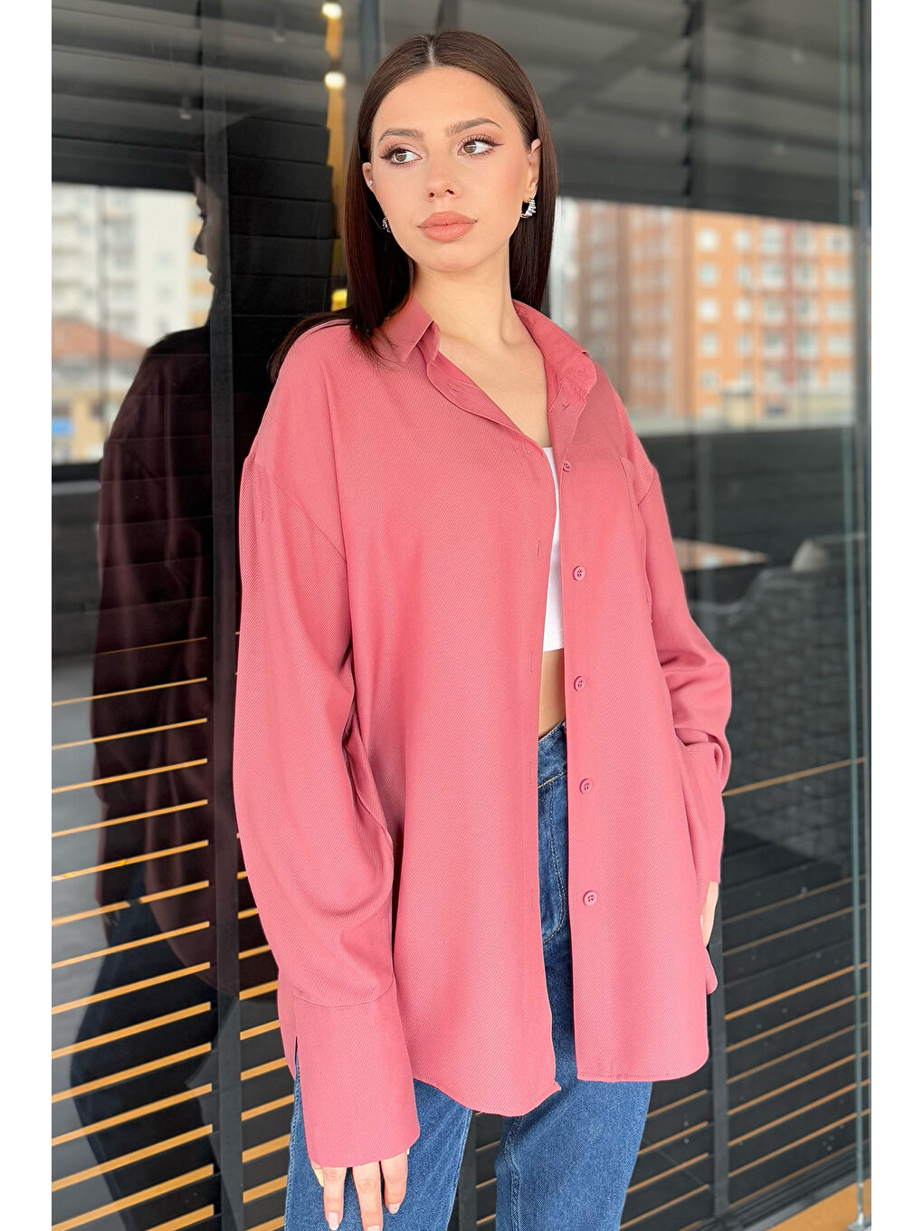 Pembe Kadın Tek Cepli Salaş Gömlek-2