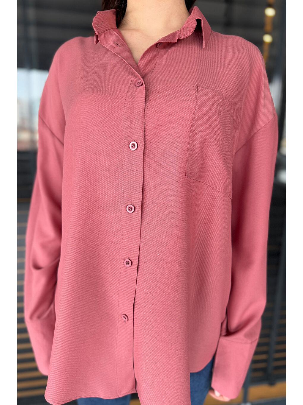 Pembe Kadın Tek Cepli Salaş Gömlek-3